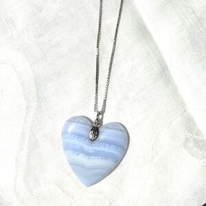 VTG Blue Lace Agate Heart 30mm Necklace Pendant w/VTG Sterling 24” Box Chain